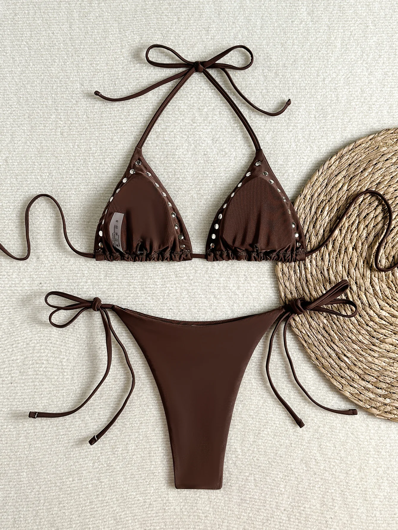Women Edgy Solid Bathing Suit Silver Rhinestone Trim Bikini Halter String Top Side Self-Tie Cheeky Bikinis Set Pool Swimwear view 6