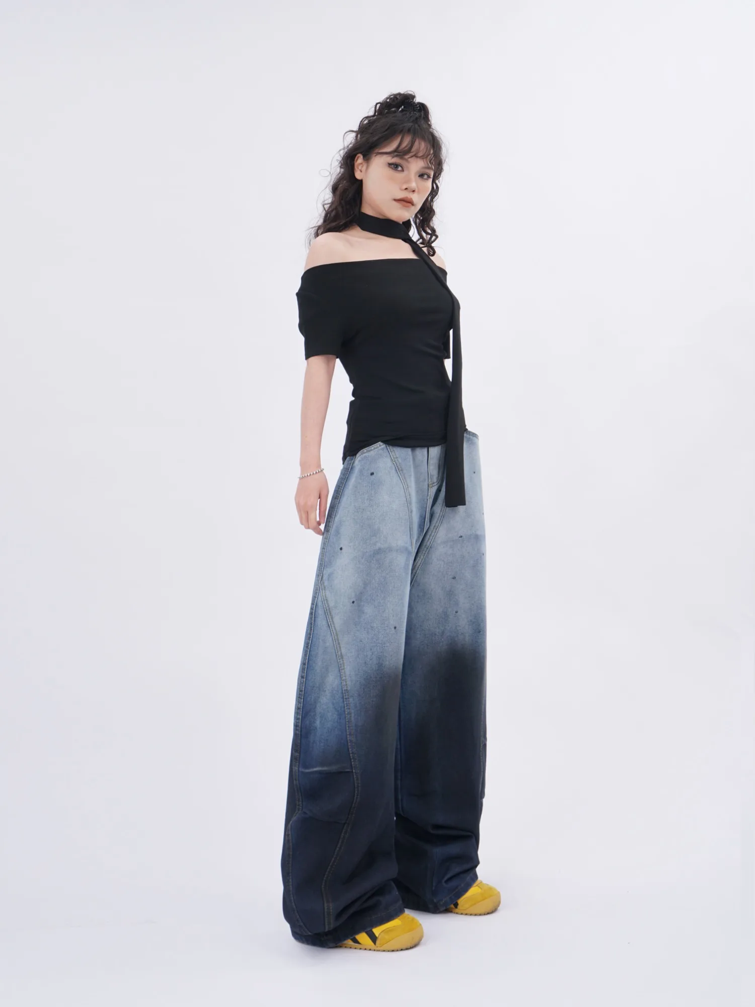 Damskie jeansy retro z gradientem, rozpryskami tuszu, luźne, z szerokimi nogawkami i zakrzywionym dołem, spodnie dżinsowe na wiosnę i jesień.