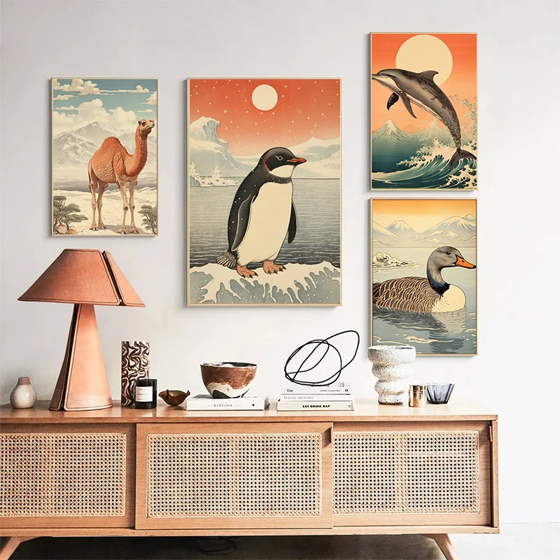 الرجعية اليابانية جدار الفن Ukiyo-e الفهد والتمساح الحيوان طباعة الملصقات الجمالية غرفة المعيشة المنزلي اللوحات الزخرفية مجموعة