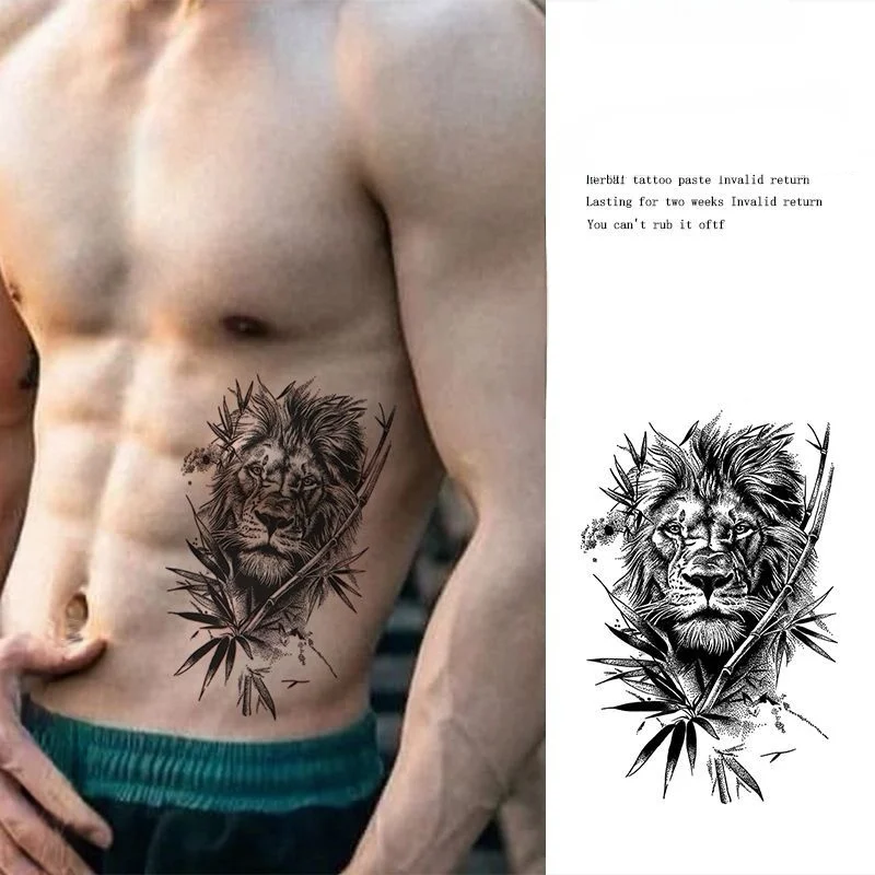Tête de Lion jus de plantes tatouage autocollants bras poitrine imperméable durable Faux Tatouage Semi-permanent Cool Faux Tatouage mâle Femme