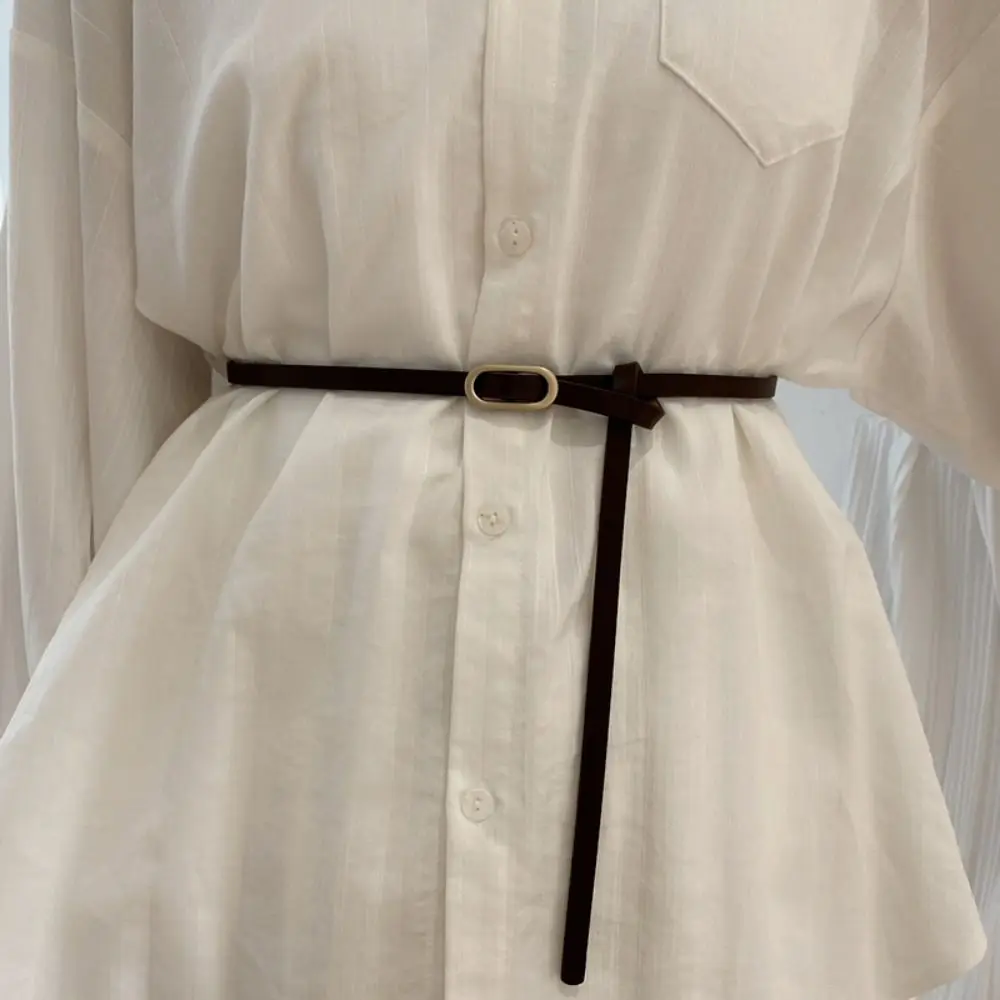 ชุดเดรส Jin Gaya Korea ทรงรีเข็มขัดขนาดเล็กหนัง PU เรียบง่ายสำหรับผู้หญิงใหม่เข็มขัดสานย้อนยุคแนวแฟชั่นทรงรีขนาดเล็ก