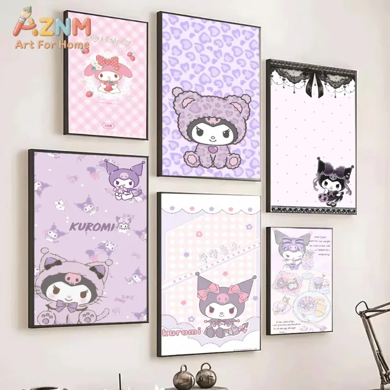 Sanrio My Melody Canvas Wall Art Unframed Print Pink Gingham Strawberry Lace Cute Cartoon Poster for Bedroom Dorm Home Interior