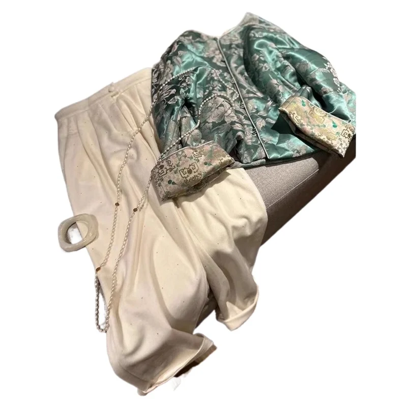 

New Chinese Style Jacquard Jacket Women's Autumn New Light Luxury High-end Sense Versatile Casual Wide-leg Pants Fashion Suit