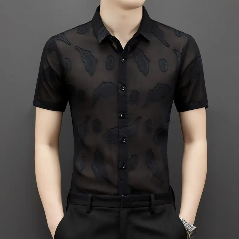 

Sexy Black See Through Shirts Mens Stretch Clothes Social Club Outfits Party Wear Transparente Elastic Blouses Large Size 2023