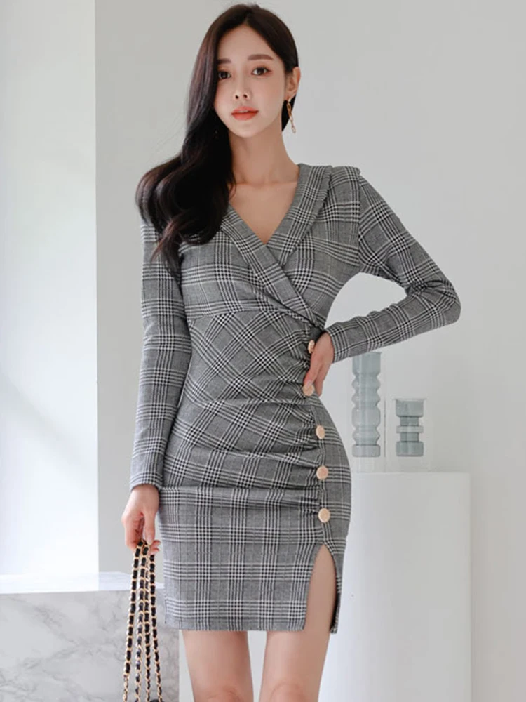 Spring Autumn Women Dress Mujer Vintage Plaid Formal Sexy V-Neck Folds Bag Hip Slit Midi Dresses Street Commute Femme Vestidos