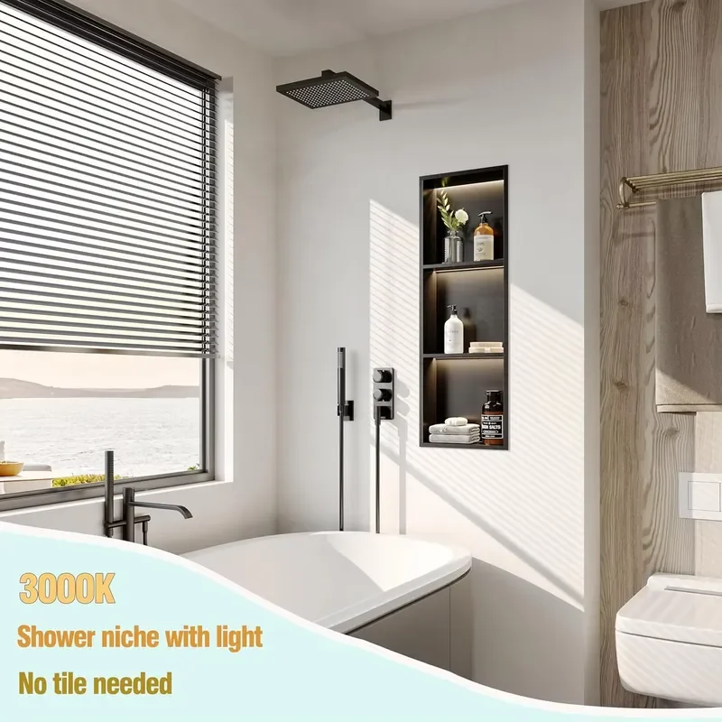 3-Tier Recessed Corner Shower Niche with LED Light Matte Black Stainless Steel Modern Wall-Mounted Bathroom