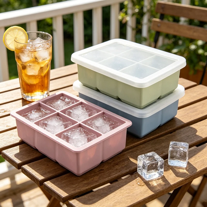 6-Cube Ice Tray Mold Giant Large Food Grade Silicone Mold with Lid Reusable Whiskey Square DIY Ice Maker