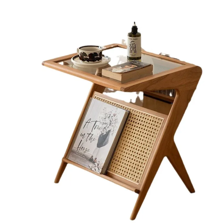 Night Stand Wooden Rattan Side Table with Glass Top Mini Storage Shelf for Living Room Home Coffee Furniture
