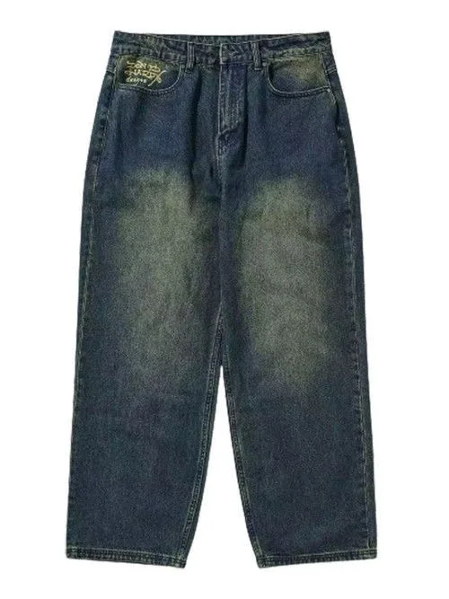 Retro Washed American Hip Hop Embroidered Print Street Loose Straight Leg Wide Leg Skateboard Long Jeans Casual mid Waist Jeans