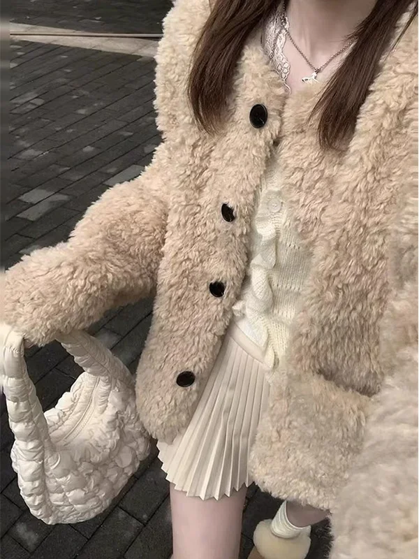 Jaet de piel de cordero caqui para mujer, abrigo informal holgado de invierno, versátil, coreano, novedad de 2025