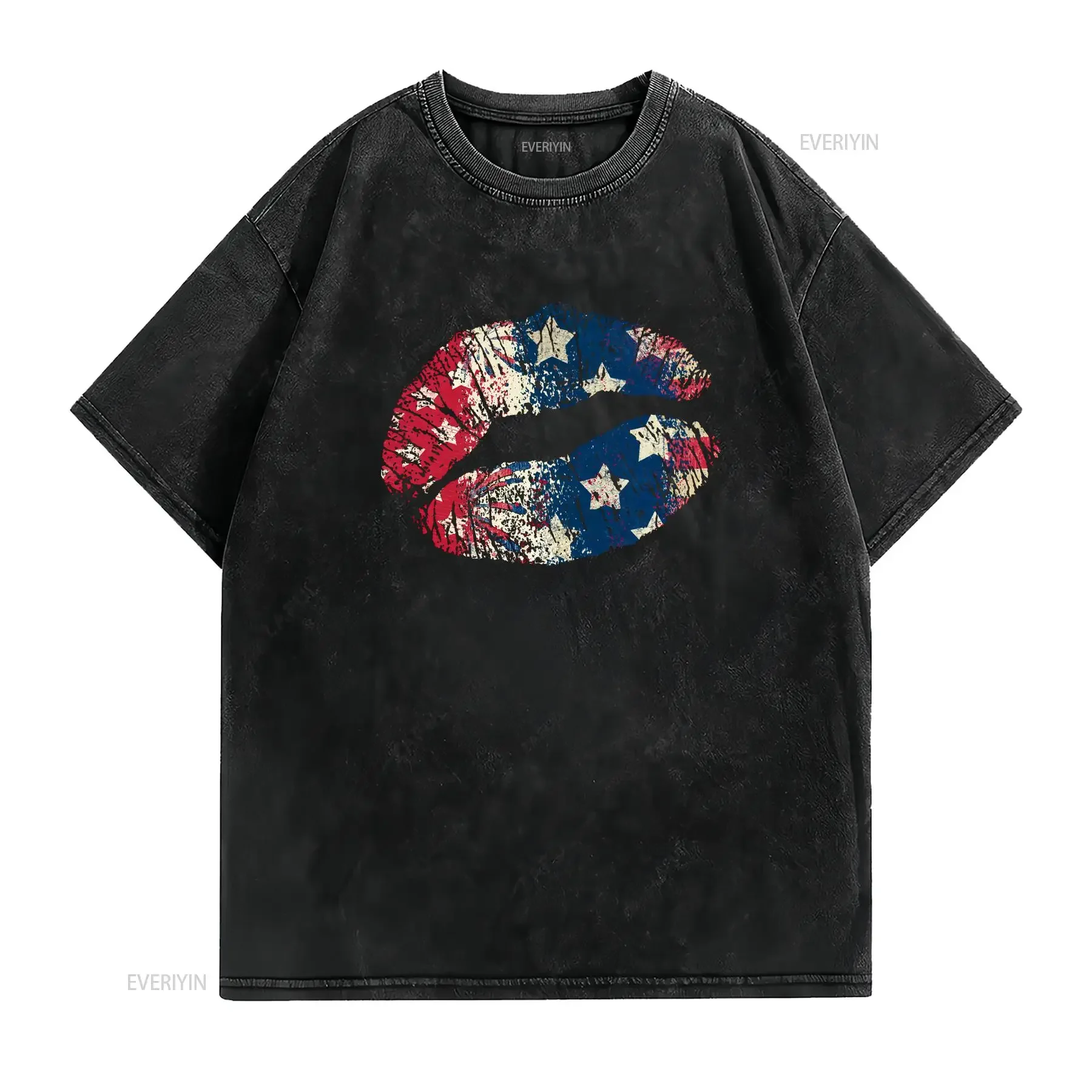 4th July Lips T Shirt Patriotic America Freedom Fourth Of American Flag Funny Independence vintage Washed fashion Slightly