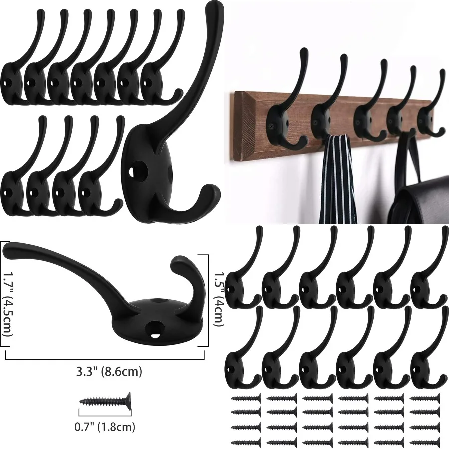 

Упаковка из 12 черных крючков для одежды, настенные с 24 винтами, двойные крючки в стиле ретро, черные крючки для пальто, шарфа, сумки, полотенца, ключа, крышка Cu