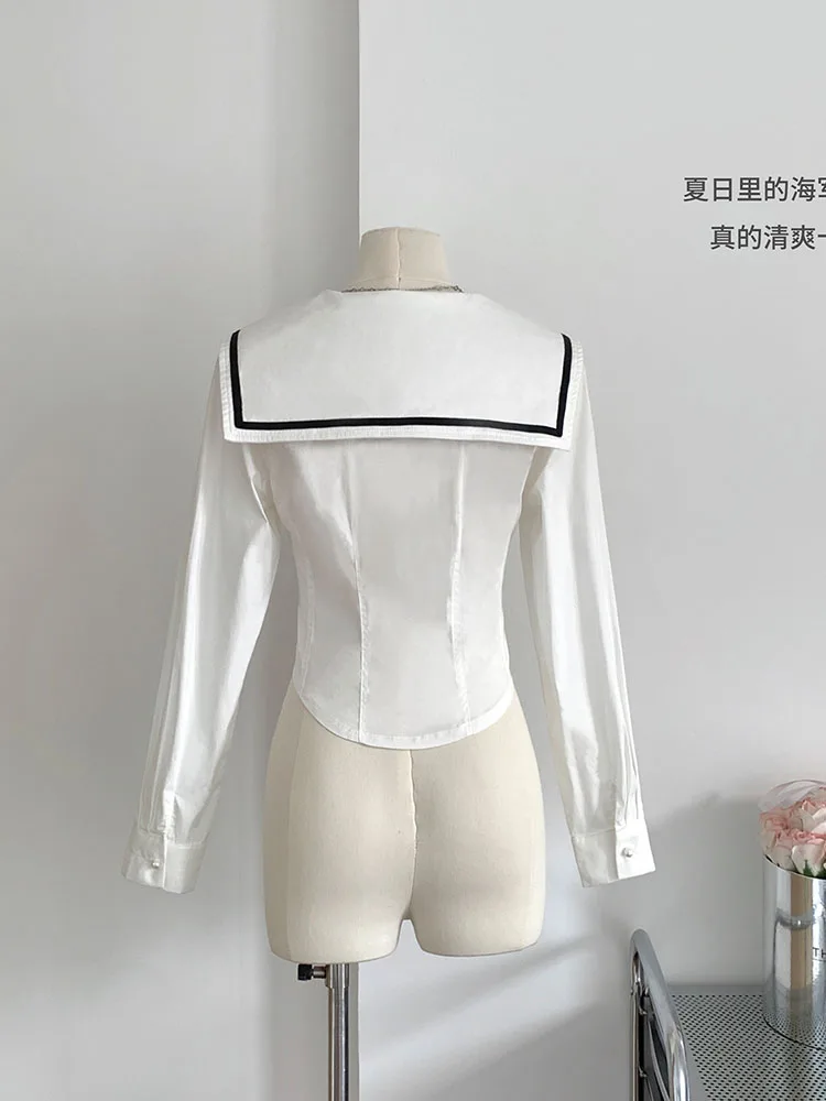 Fashion All-match Sailor Collar Shirt Sleeve Tops Women White Slim Single Breasted Blouses Preppy Style Autumn Chiffon Shirts