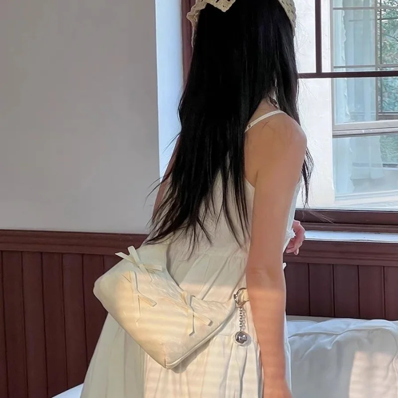 Korean Fashion Sweet Bow Underarm Bags Women Silver Commuter Shoulder Crossbody Bag