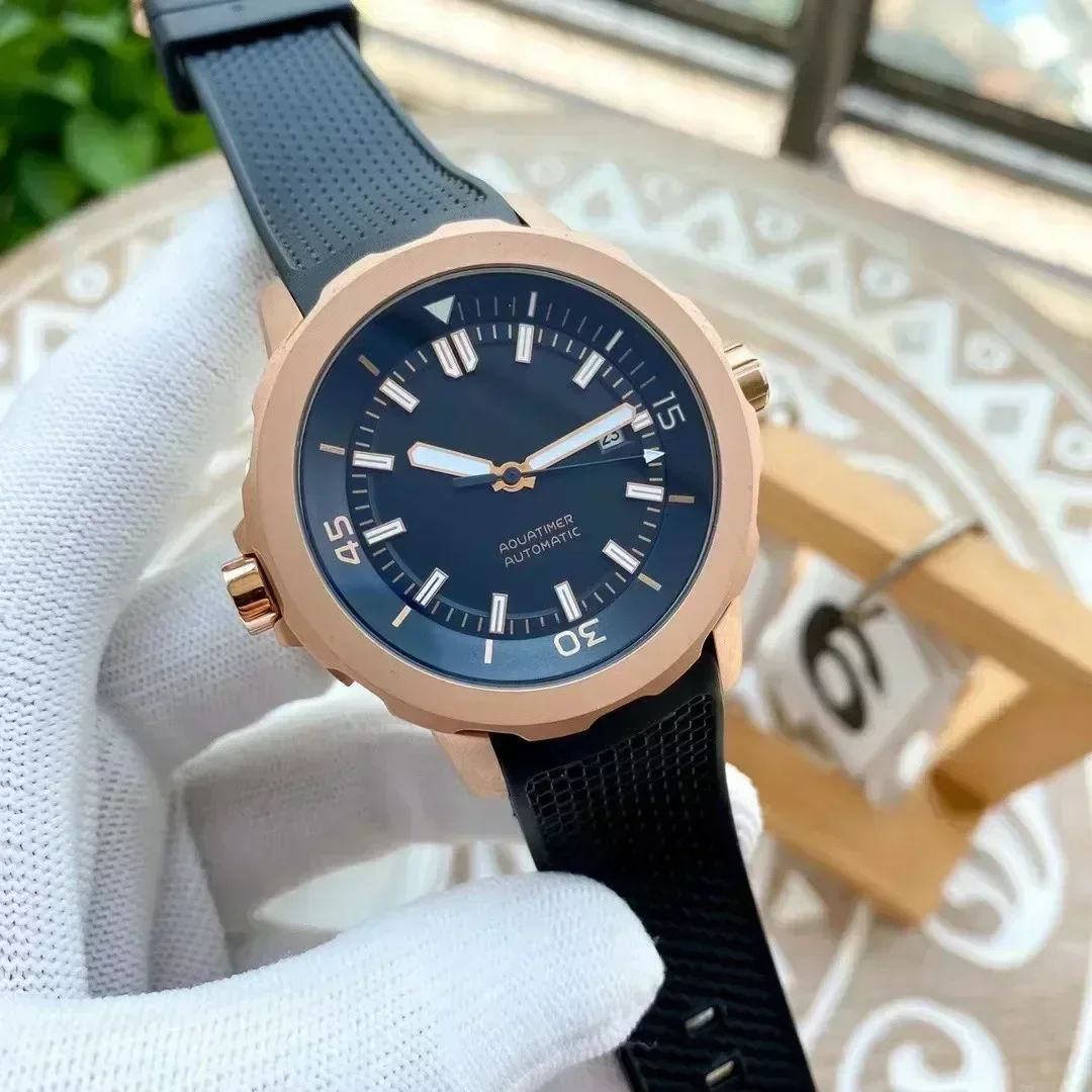 Orologio da uomo automatico nuovo con cristallo di zaffiro da 44 mm, cinturino in caucciù nero in acciaio inossidabile