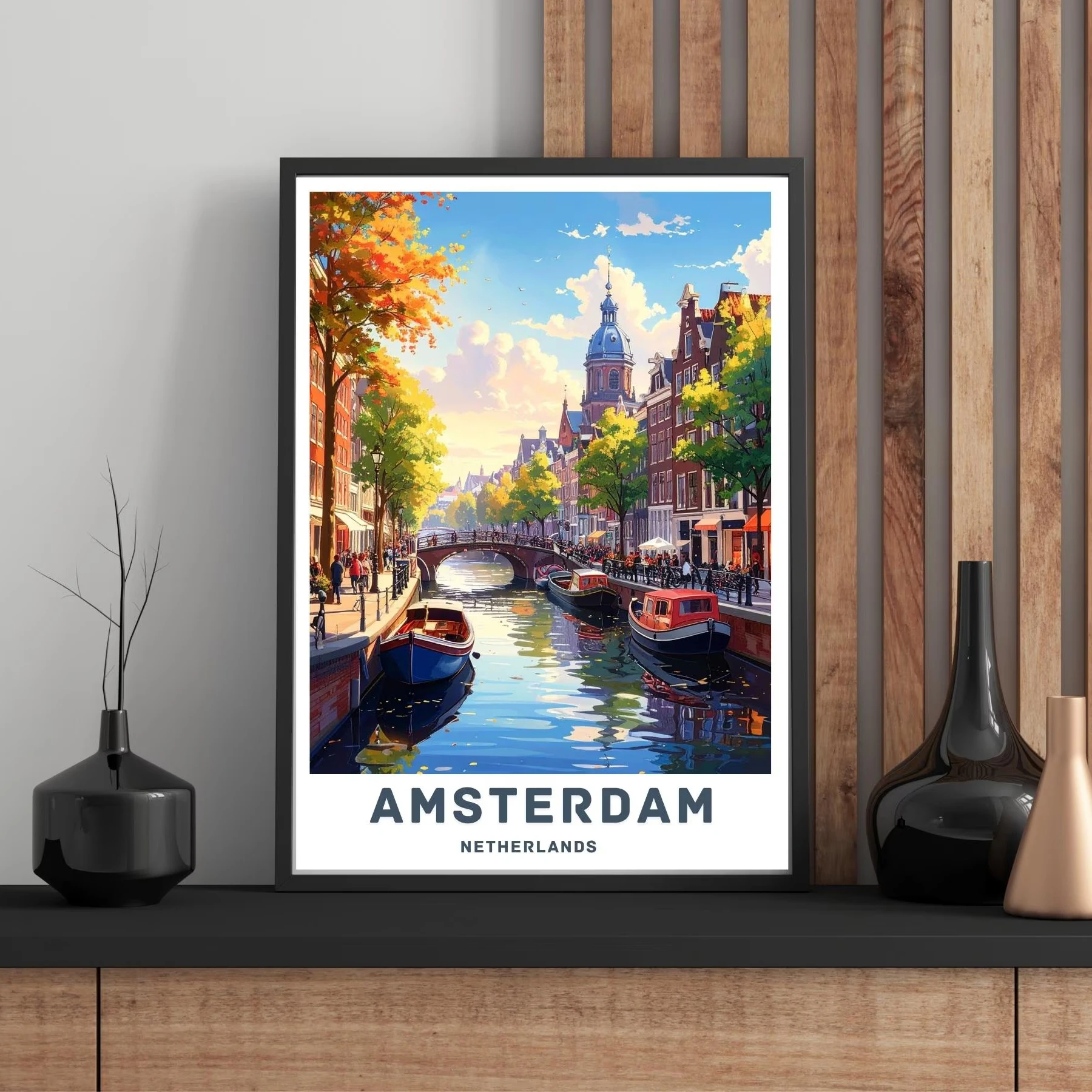 

Amsterdam travel posters, vintage city landscape art prints, autumn-themed canvas paintings, home living room decorations.