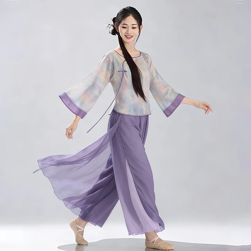 Women's Classical Chinese & Modern Dance Wear Printed Chiffon Overlay Training Outfit for Daily Wear, Stage Performance & Exam P