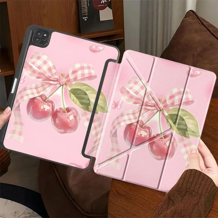 

Tablet Case For iPad Air 4 5 M3 M2 M4 11inch Mini 6 7 Pro 11th 10th 9th 8th 7th 12.9inch Pro 2025 Holder Cover Pink Bow Cherry
