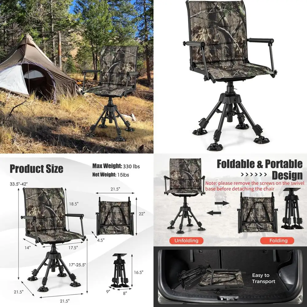 

Портативный 360 ° Поворотное охотничье кресло с регулируемыми ножками, подлокотниками и подставками для ног для активного отдыха на природе