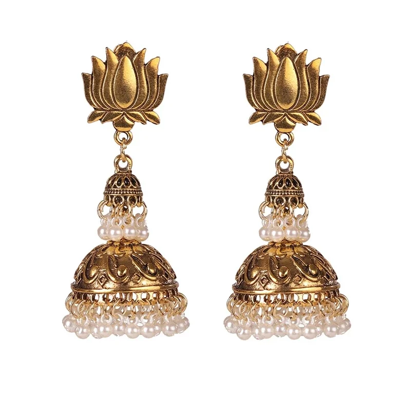 

*Enamel retro women's earrings ethnic lotus carving large bell-shaped fringed pendant earrings