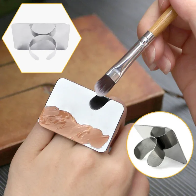 1pc Women Beauty Makeup Accessories Kit Wholesale Square Nail Art Makeup Cosmetic Stainless Steel Paint Mixing Palette Ring Tool