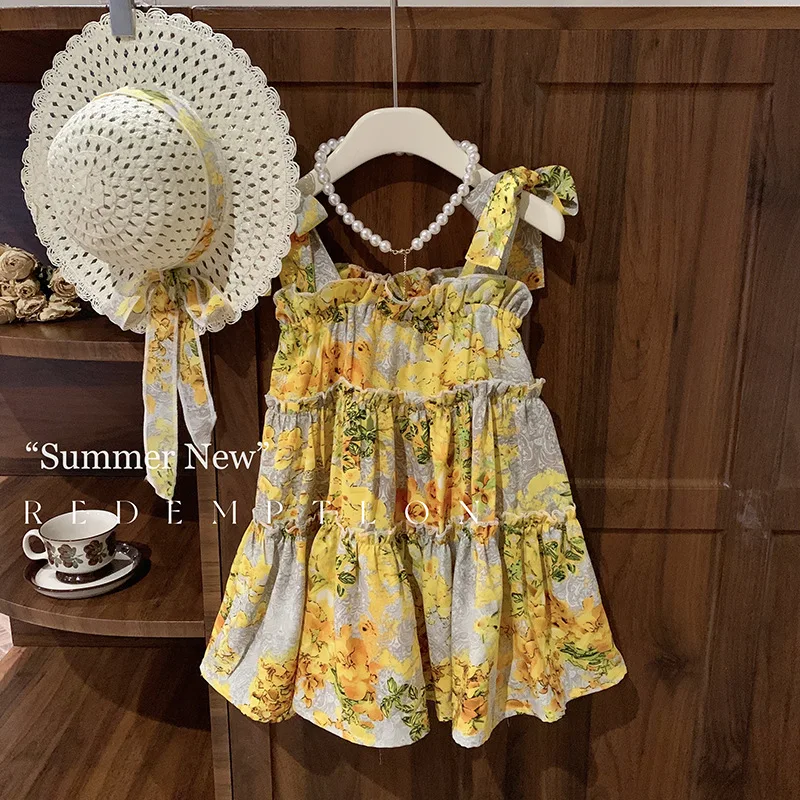 

New Girls' Floral Dress High-End Internet Celebrity Summer Cool Yellow Baby Girls' Sling Princess Dress Thin