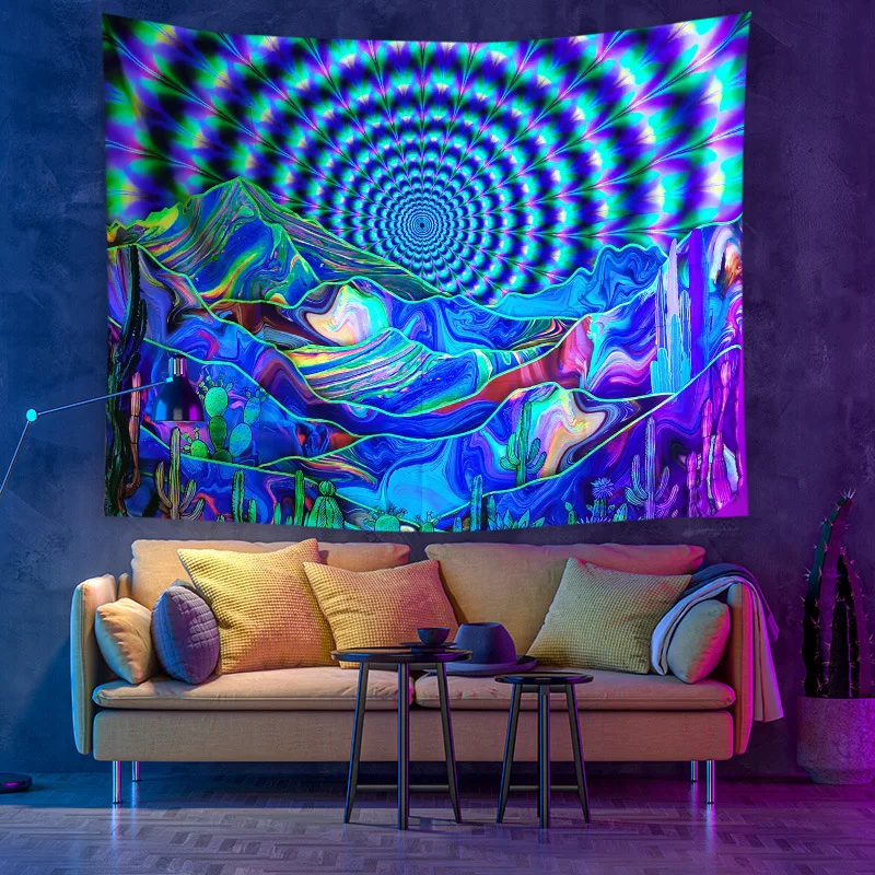 Mandala Fluorescent Tapestry UV Luminous Art Tapestry Decorative Background for Living Room Bedroom Bedside Wall Hanging Cloth