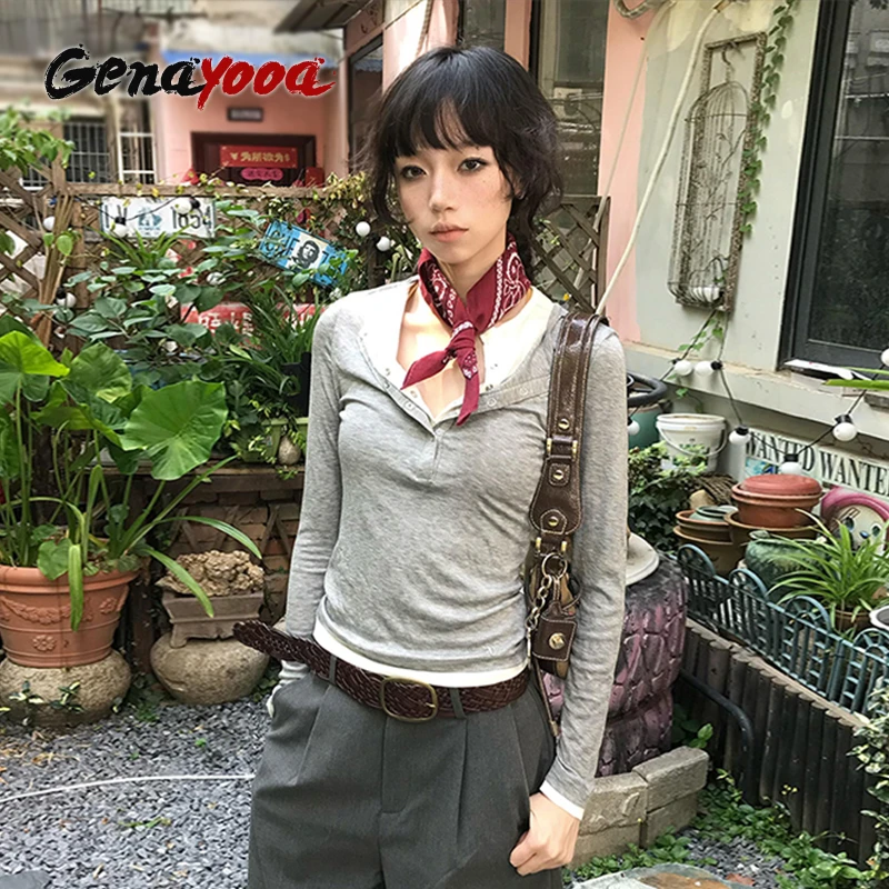 

Genayooa Japanses Y2k футболка женская лоскутная с длинным рукавом искусственные топы из двух предметов американские ретро гранж топы футболка уличная одежда футболки