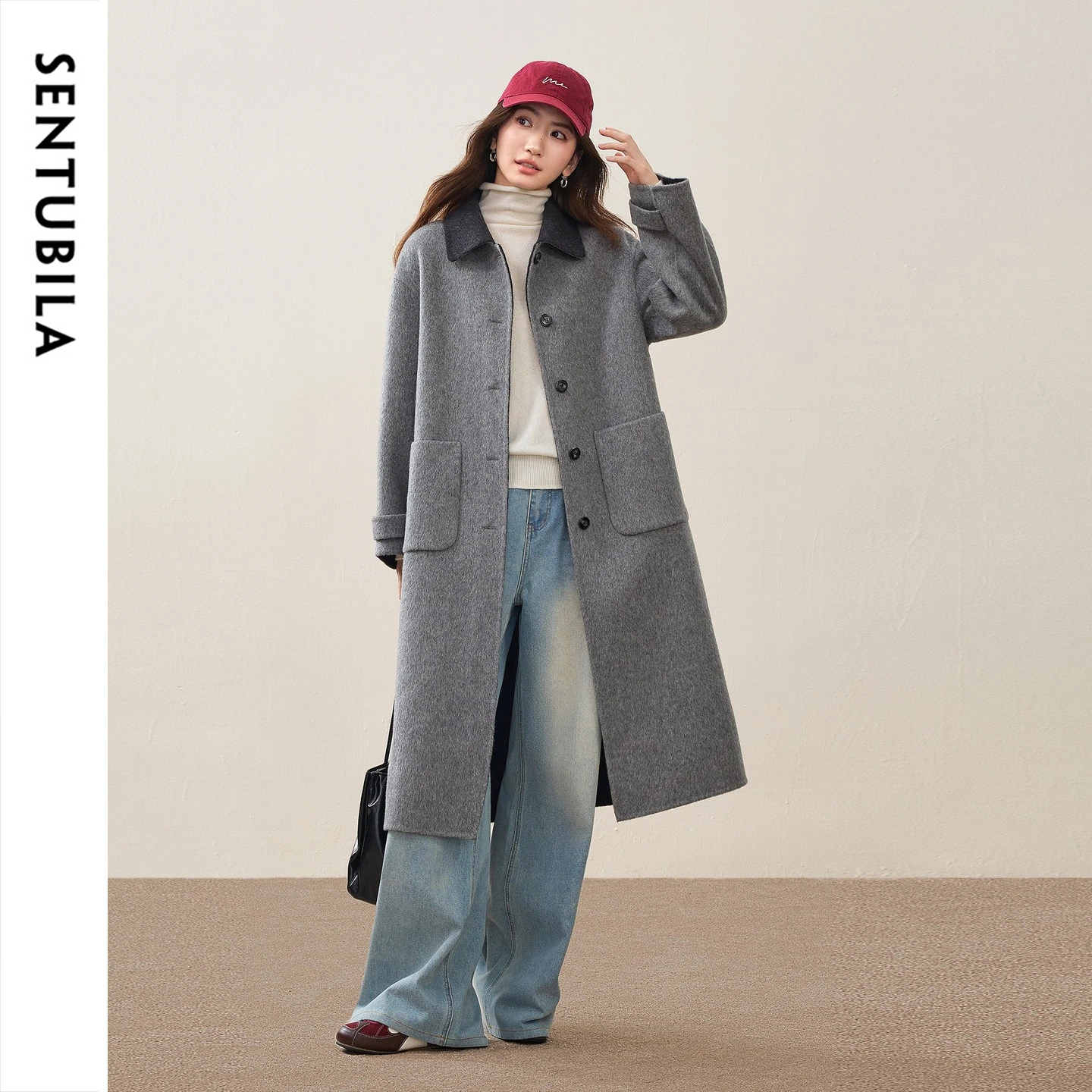 SENTUBILA Women Pure Wool Midi Coat 2026 Turn Down Collar Overcoat Autumn Winter Female Double Faced Woolen Outerwear W64OC7640