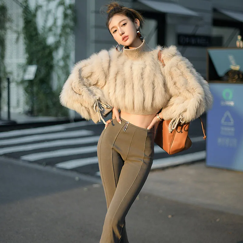 Women Winter Short Knitted Real Fox Fur Coat Long Sleeve Thick Warm Genuine Fur Outwear Female Fashion Loose Striped Jacket