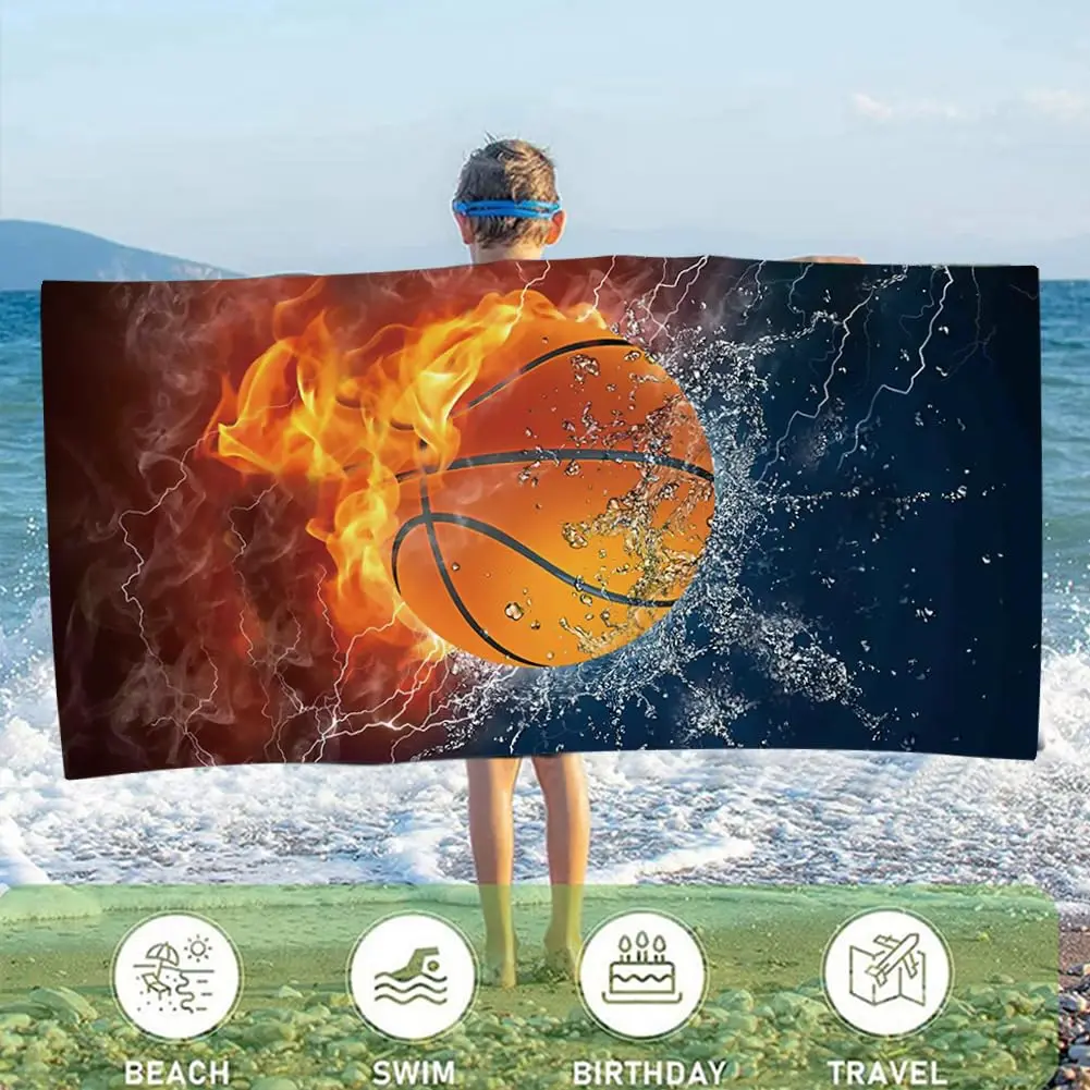 1PC Basketball Print Beach Towel, Cool Fire Design Soft Microfiber, Quick Dry for Adults & Kids, Ideal for Pool Swim Travel Bath view 4