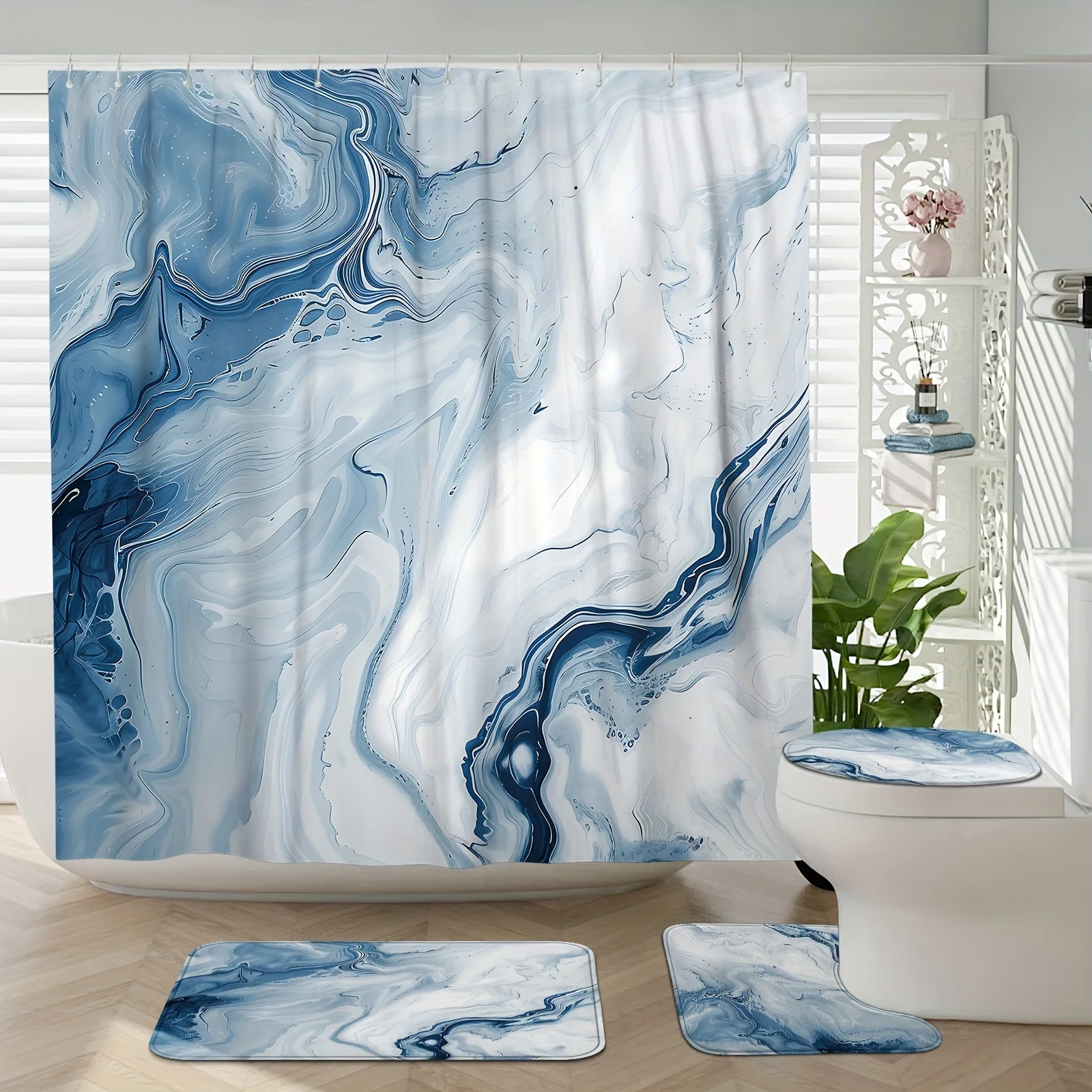 

4-piece blue and white marble bathroom set, shower curtain, bath mat, U-shaped mat, toilet seat, polyester fabric