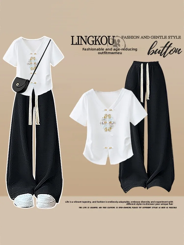 Retro Summer Fashion Set Women's Stylish Lightweight National Style Button Shoulder Wide Leg Pants Two Piece Casual Sportswear