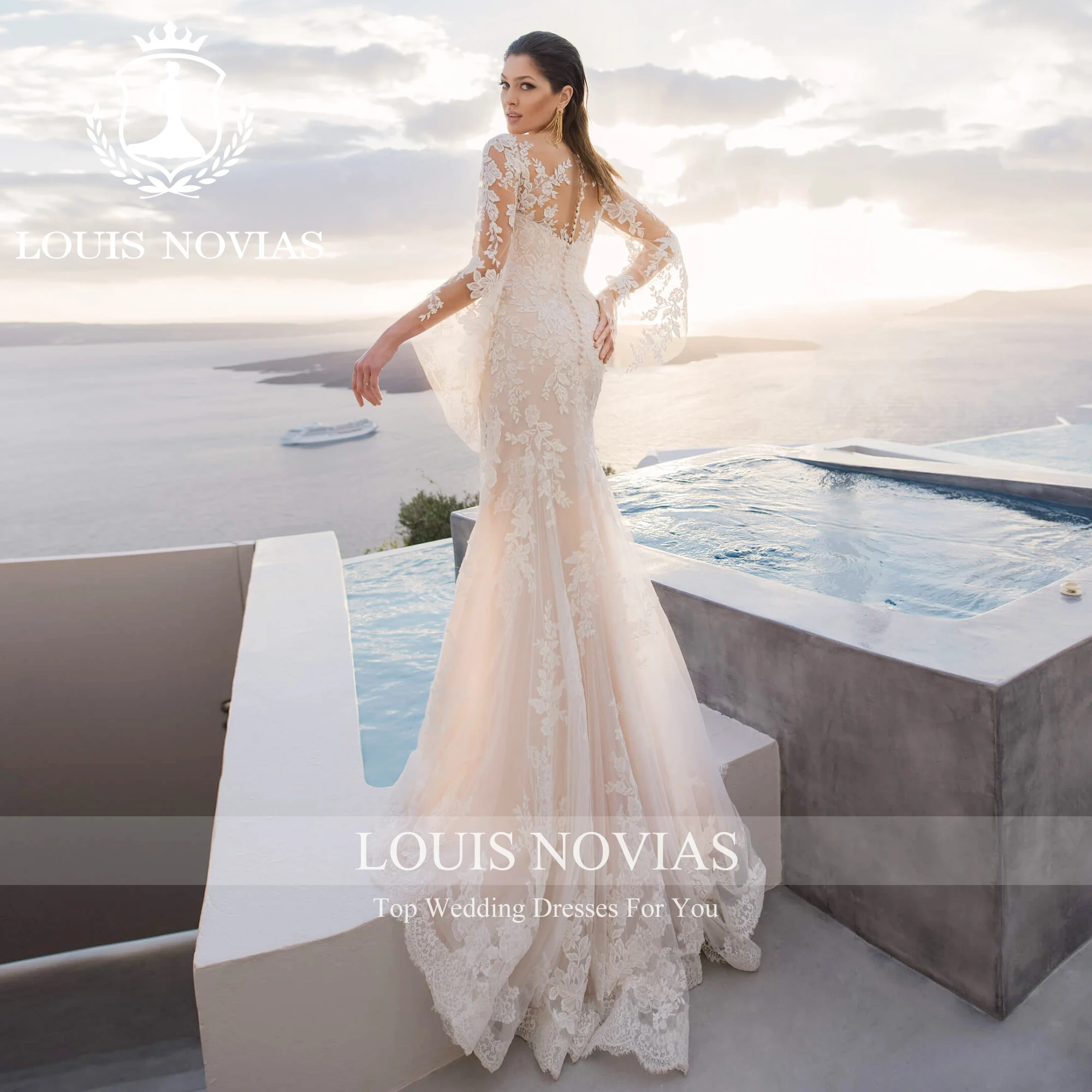 Louis novias-花嫁のためのフレアスリーブのウェディングドレス、花嫁のための花のピングラップリング,ペットの衣装,人魚のドレス,2023