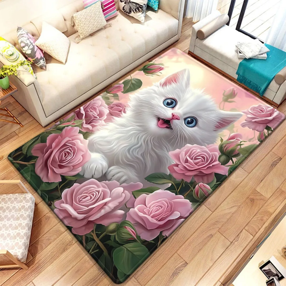 

Милый белый кот с розовыми розами, хрустальный бархатный ковер для гостиной, ковер с цветочным животным принтом, мягкий уютный напольный коврик, домашний декор