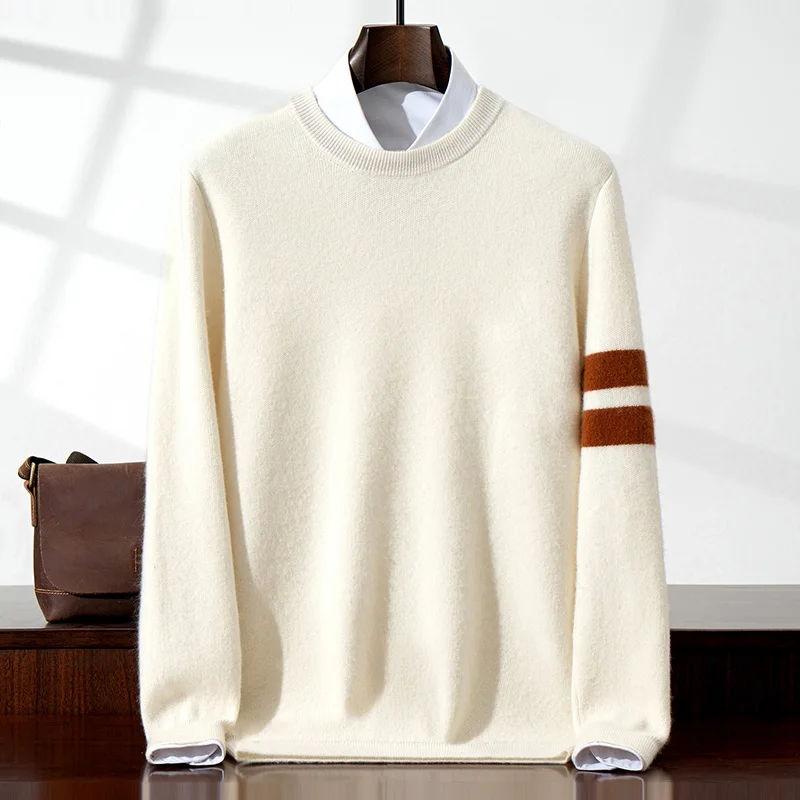 Men's 100% Cashmere Sweater round Neck Thick Warm Casual Knitwear Classic Color Block Sleeve Versatile Men's Clothing