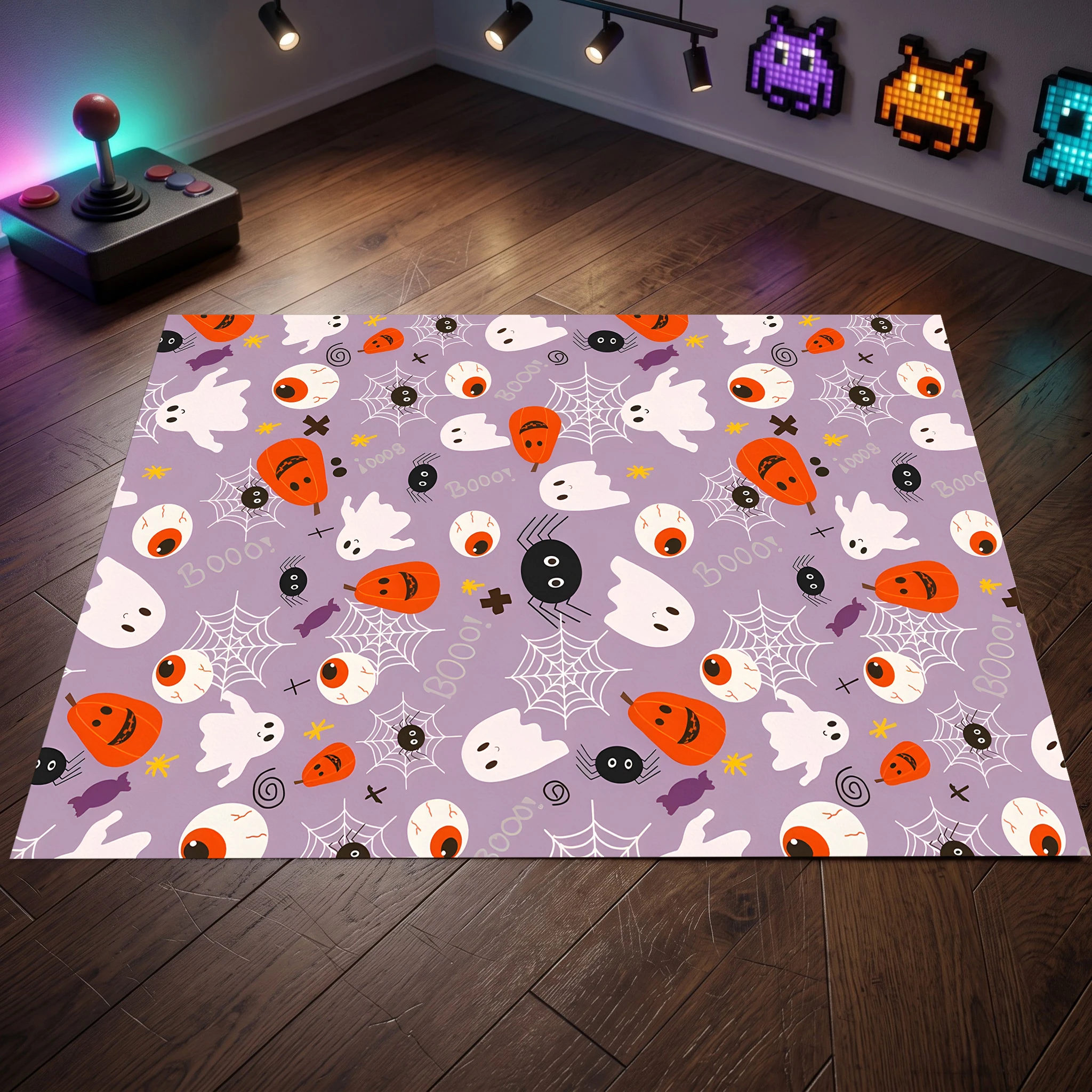 Cartoon Pumpkin Skull Ghost Halloween Velvet Area Rug, for Entryway Living Room Bedroom, Autumn Winter