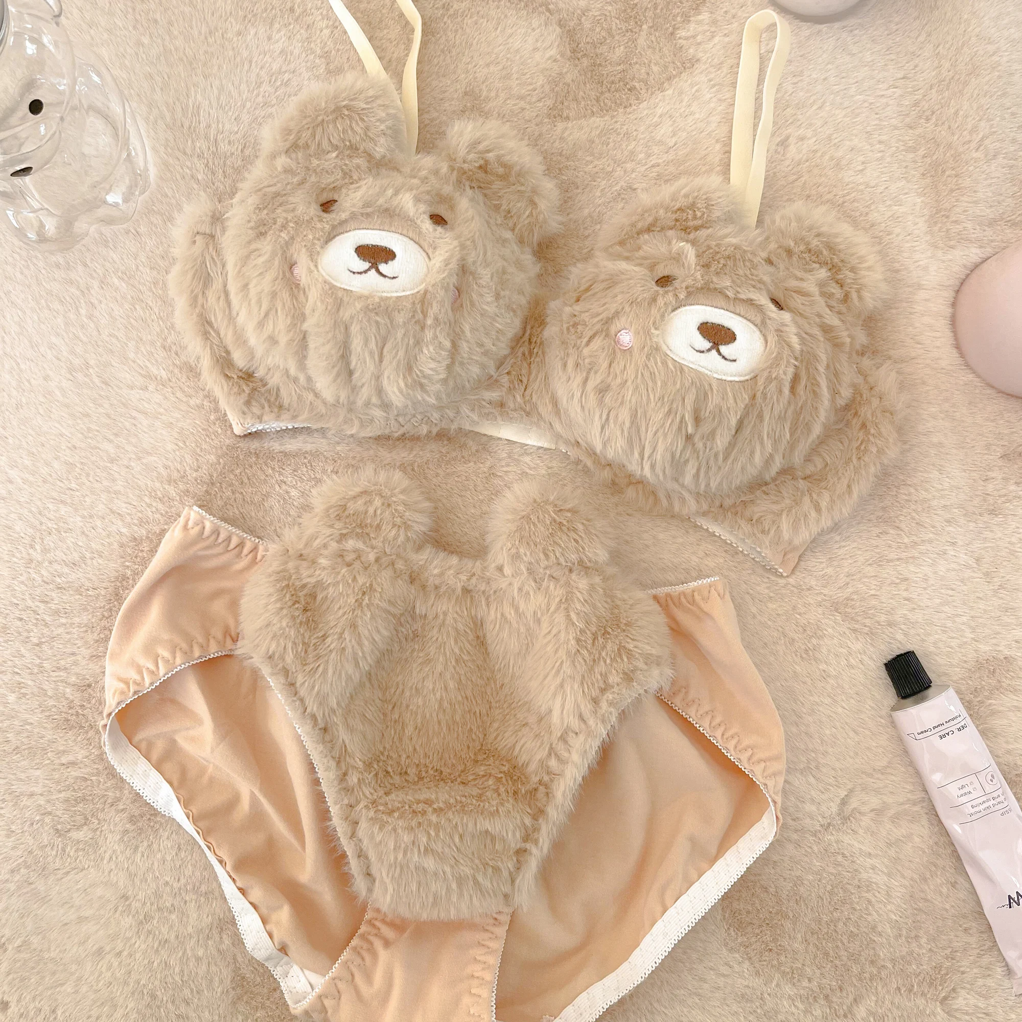 Underwear girl winter cute cartoon plush bear bra set without steel ring student small chest gather lingerie with udnerpants set