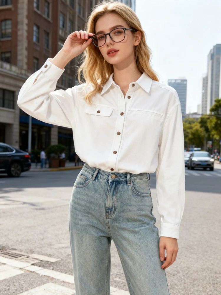 

New Classic Loose Long-Sleeve Shirt Jacket Korean Casual Versatile Pocket Button Open Top Commuting White Autumn Women Clothing