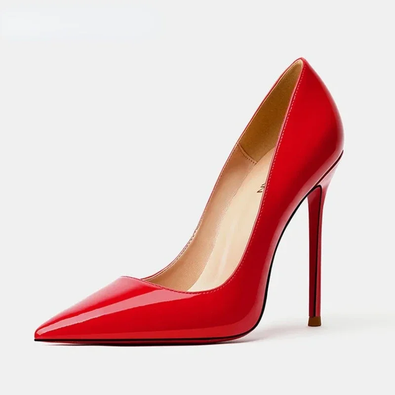 Zapatos de tacón alto con suela roja para mujer, calzado Sexy con punta puntiaguda de 12cm, para vestido de novia, Color negro Nude, Fondo de goma roja, de marca