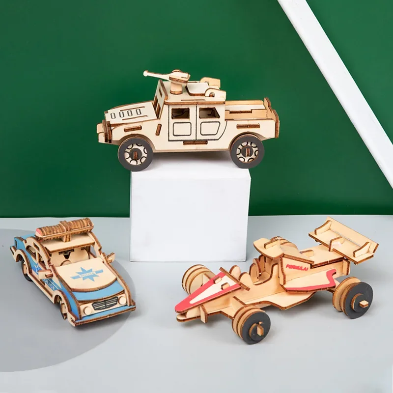 3D Wooden Cars Motorcycle Puzzle Assembly Model DIY Handmade Jigsaw Desktop Decorations for Kids Gift