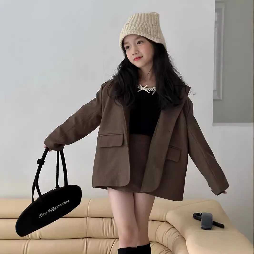Childrens Sets Autumn Girl Easy Loose Coat Skirt Shorts Two Pieces Fashionable Suit Trend 2026 Simple Clothing Solid