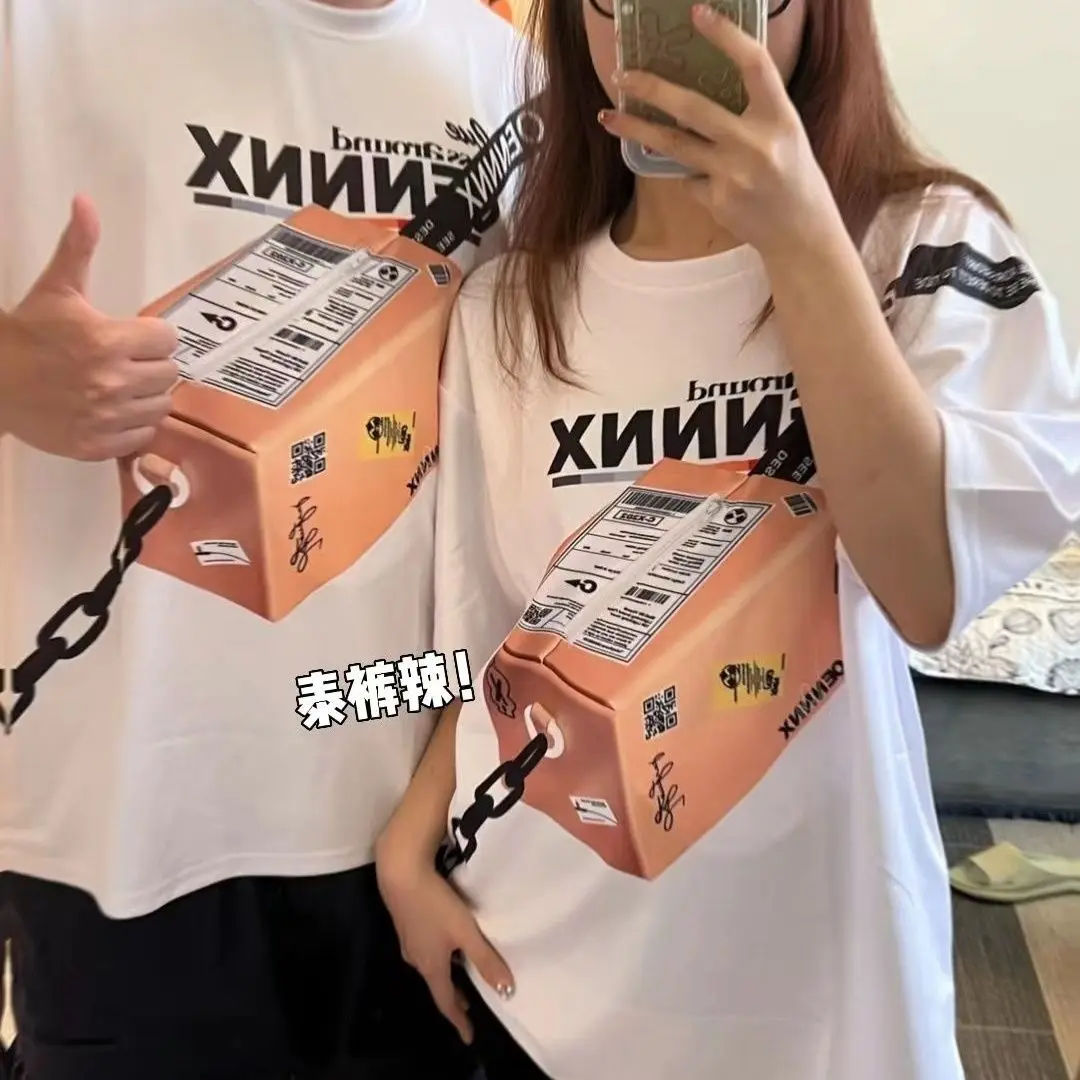 Fun Zipper Pocket Storing Phone With Express Box Short Sleeve T-shirt Women Bag Print Tops Summer Y2k Clothes Lovers Lady Tees