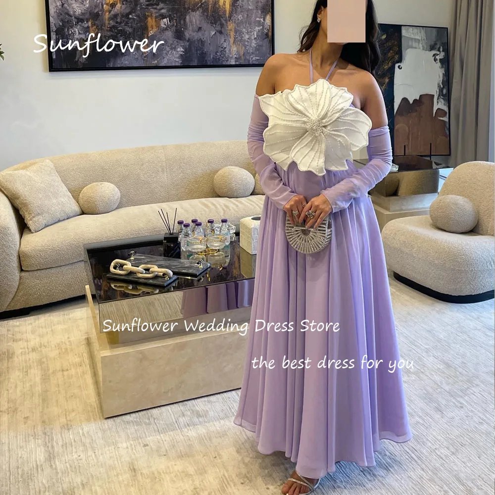 Sunflower Purple Simple Halter 3D Flowers Beading A-LINE Evening Dress Saudi Arabia 2024 Slim Chiffon Floor-Length Prom Dress