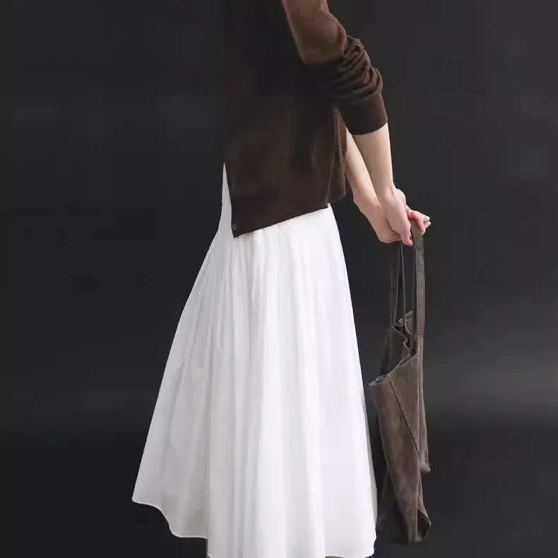 Setelan Dua Potong Wanita Model Rok Midi Berlipit Kerah Tegak dengan Ikat Pinggang Longgar, Gaya Sederhana untuk Semua Musim