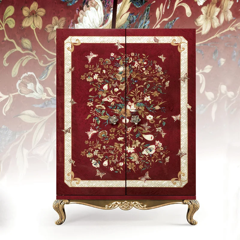 Classical Furniture Carving Decorative Red Antique Side Cabinet Solid Wood Villa Bedroom Locker