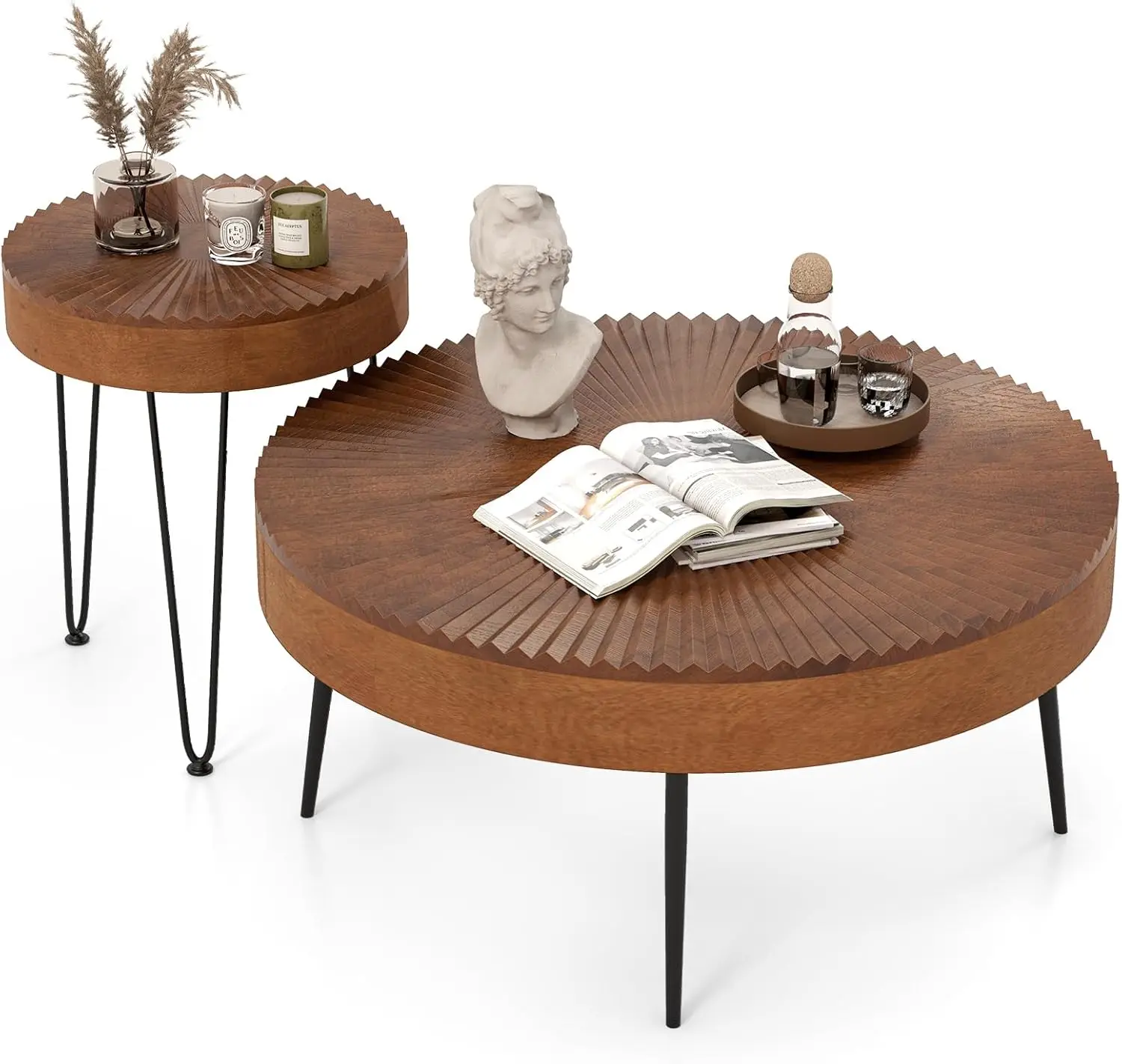 

Farmhouse Round Coffee Table Set of 2, Rustic Sofa Side Tea Tables w/Wood Finish, Metal Frame, Adjustable Foot Pads, Nes