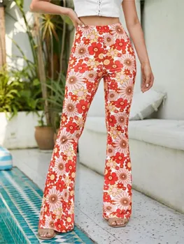 Elegant SLIM FIT Bell Bottoms สําหรับผู้หญิงแฟชั่นดอกไม้พิมพ์กางเกงเอวยางยืด Beach PARTY Elegant VINTAGE กางเกงหญิง
