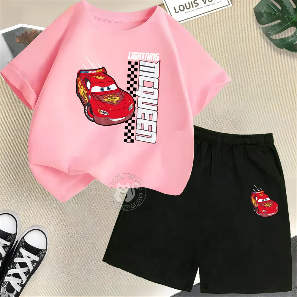 

Детская футболка из 100% хлопка с круглым вырезом и шортами Cars McQueen, летний топ для мальчиков и девочек, повседневный комплект для малышей