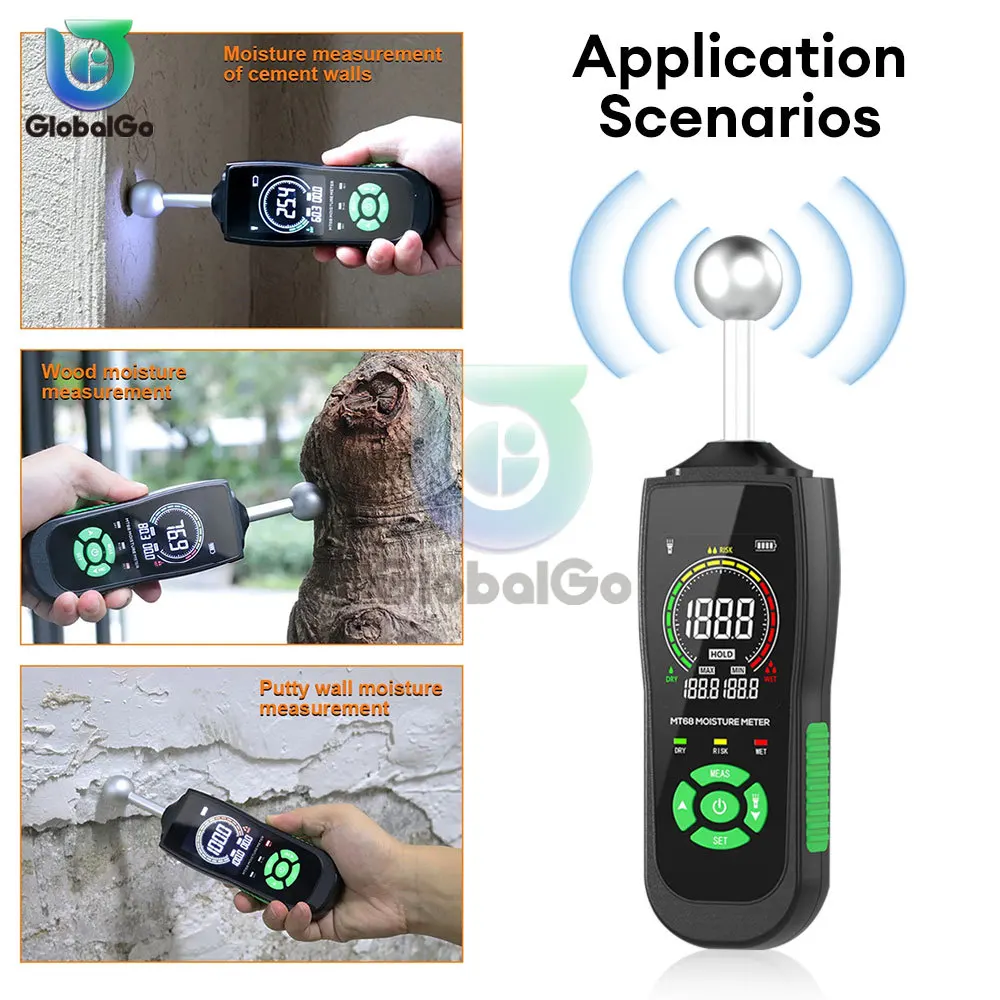 

R&D MT68 Digital Wood Moisture Meter Non-contact Timber Damp Detector LCD Screen Hygrometer Alarm Humidity Tester Ball Detector